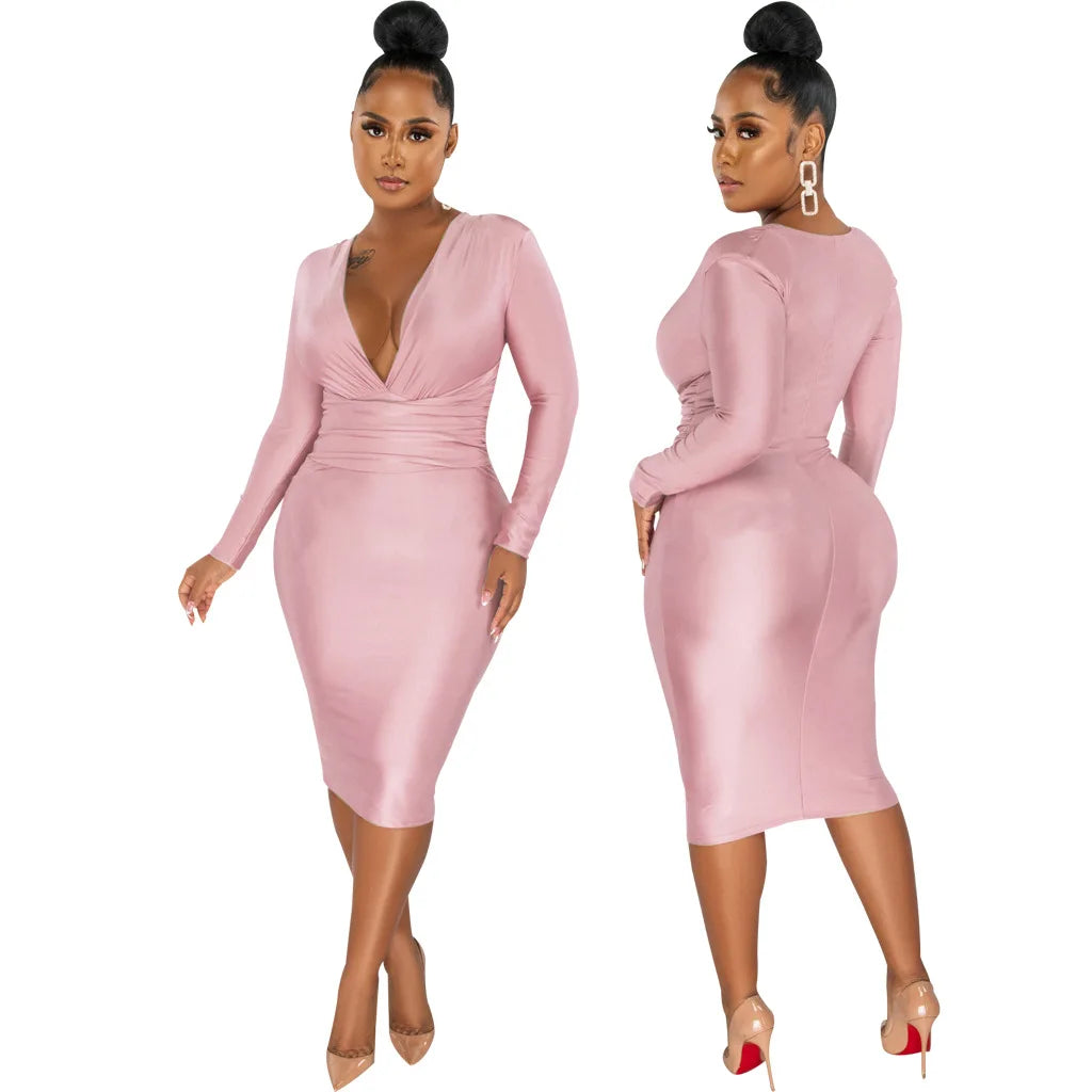 CM.YAYA Women V-neck Elegant Long Sleeve Midi Dress 2024 Winter Ruched OL Streetwear Africa Party Club Dresses Vestidos
