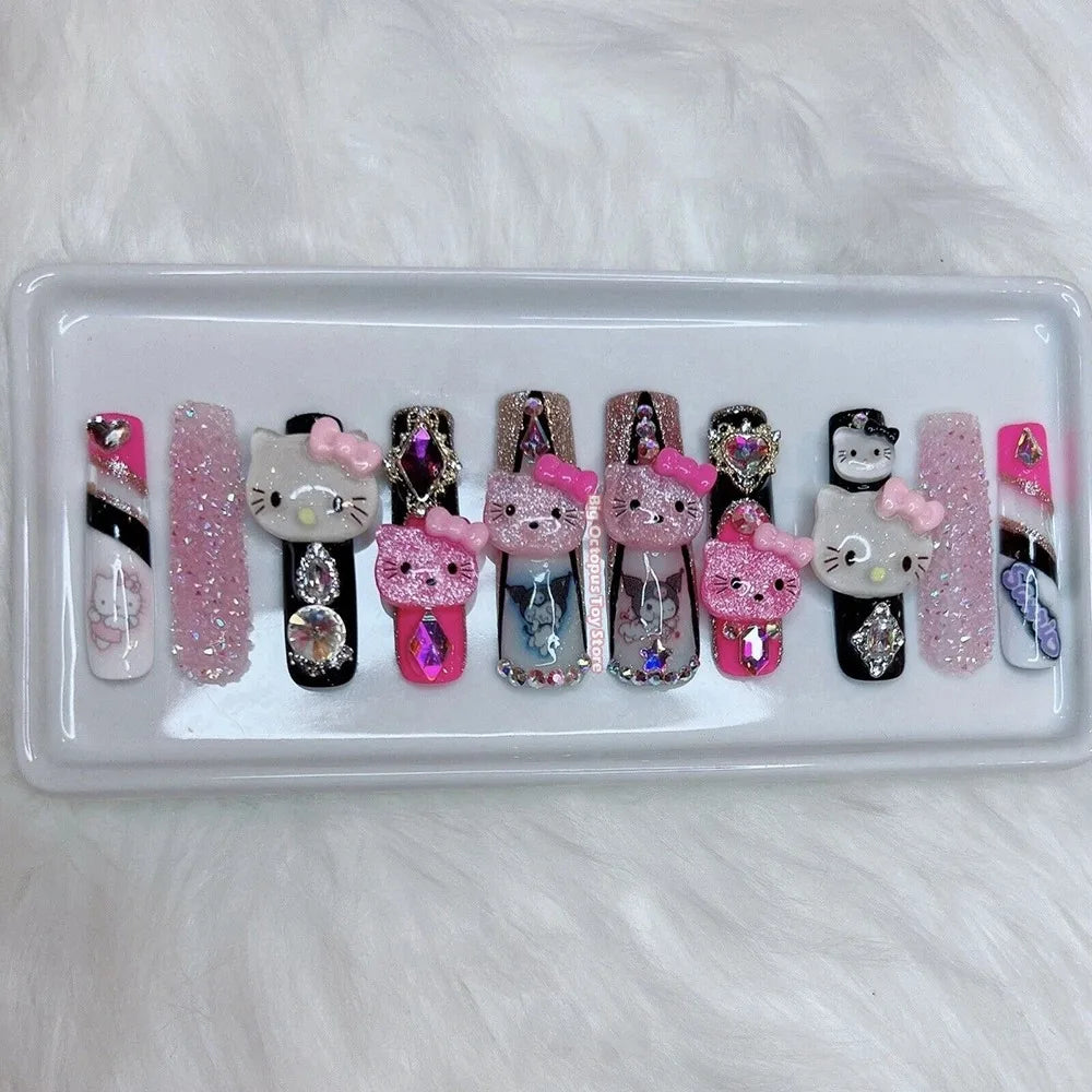Xxl Euro-Americaen Long Square Cartoon Fake Nails Hello Kitty Mymelody Kuromi Luxury Diamond Handmade Nail Tips Party Sticker