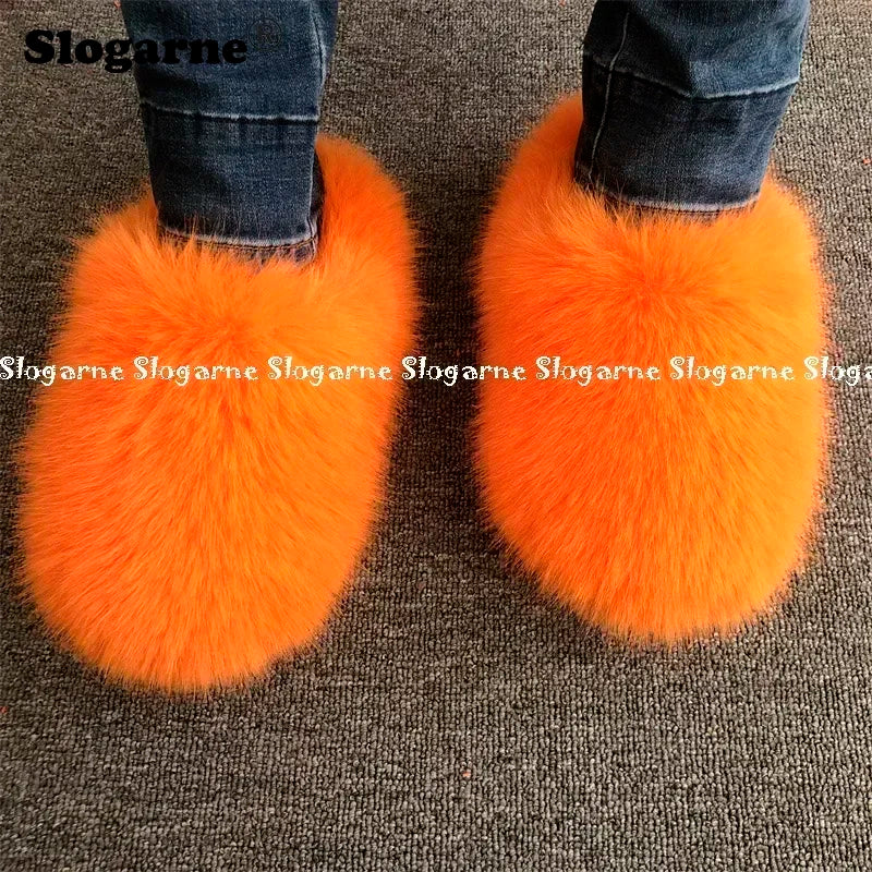 New Colorful Raccoon Fur Slippers Women Winter Faux Fur Shoes Ladies Luxury Furry Slippers Girls Artificial Fox Furs Slides Shoe