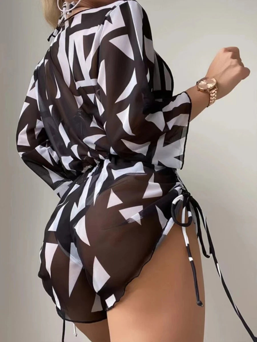 3 pieces Halter Bikini Tropical Print Swimsuit Drawstring Side Swimwear Women Long Sleeve Bathing Suit Female Swimming Beachwear