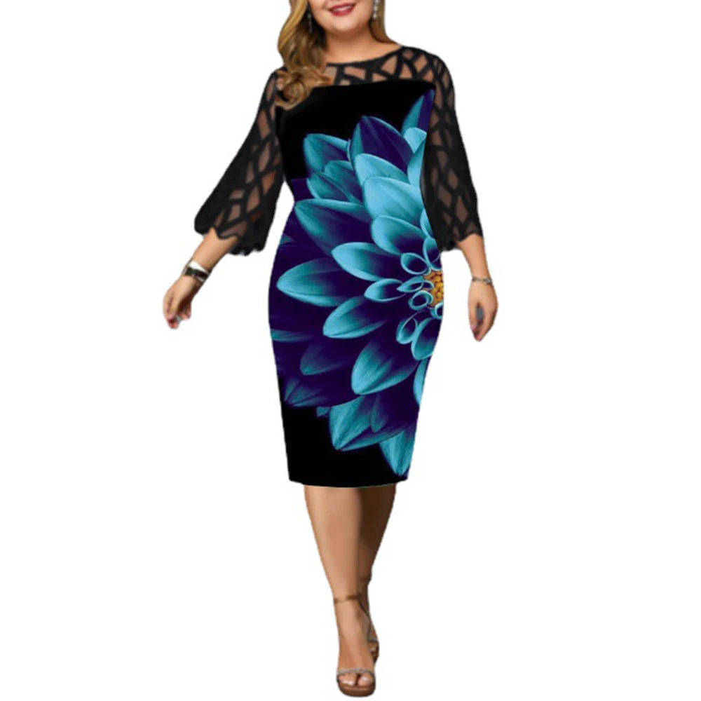 Plus Size Women Clothing Elegant Casual Party Dress Autumn/Winter Lace Print Knee-Length Flare Sleeve O-Neck