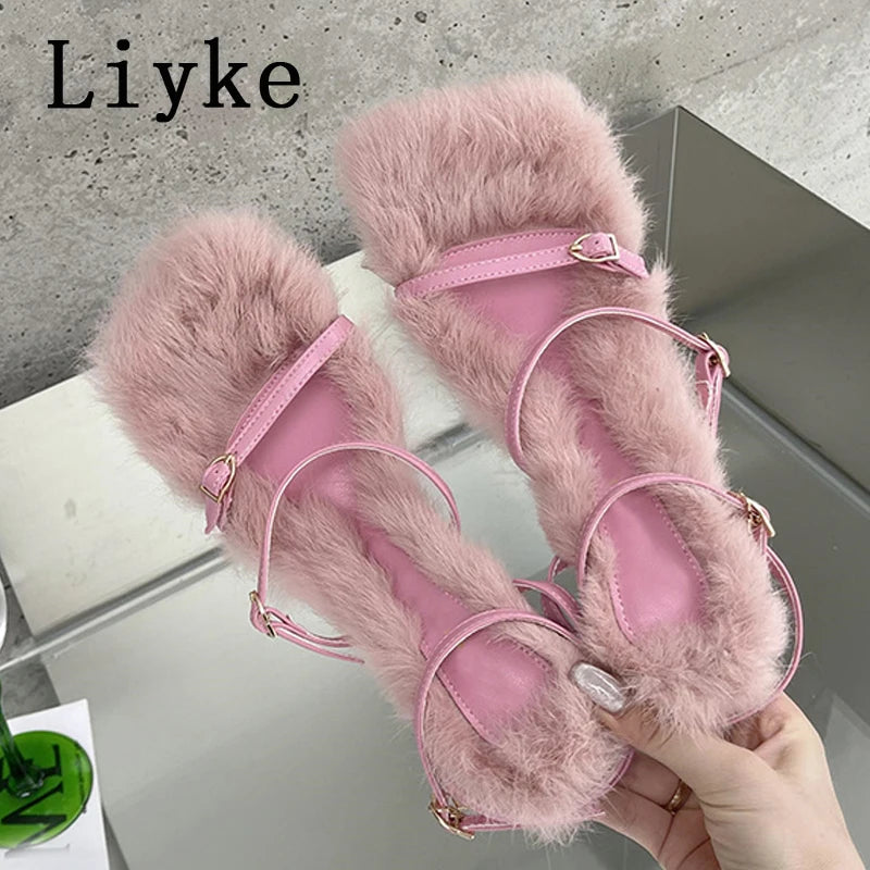 Liyke Size 35-40 Summer Party Dress Pink Sandals Women 2025 Fashion Fur Feather Thin High Heels Square Toe Buckle Strap Shoes