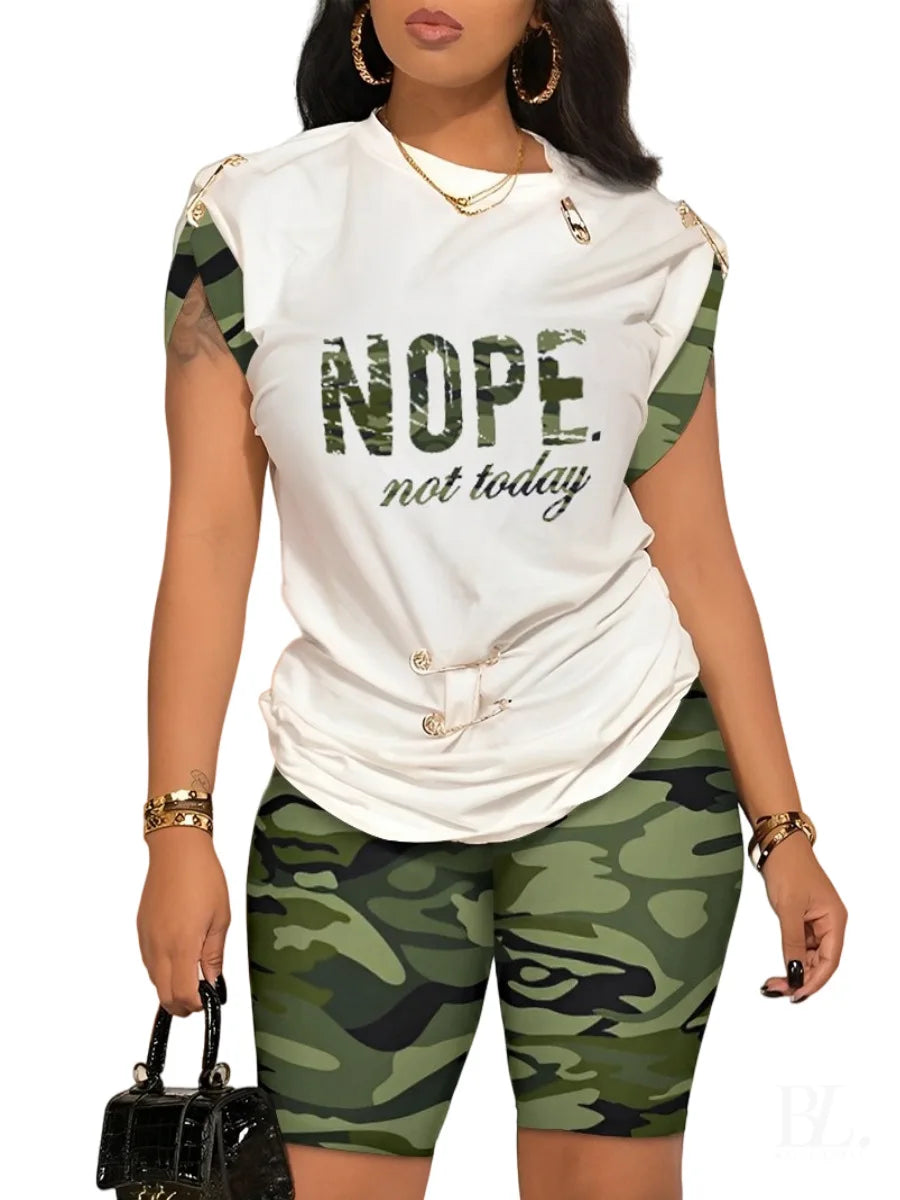 Casual Short Sleeve Tshirt Shorts Set Office Lady Spring Summer Fashion O-neck Letter Print Two Piece Set Women Outfit 2023