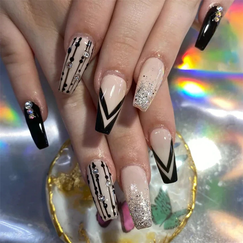 24Pcs/Set Press on Nails Gradient Point Drill Ballet Wearing False Nails Long French Stick on Nail Artificial Acrylic Fake Nails
