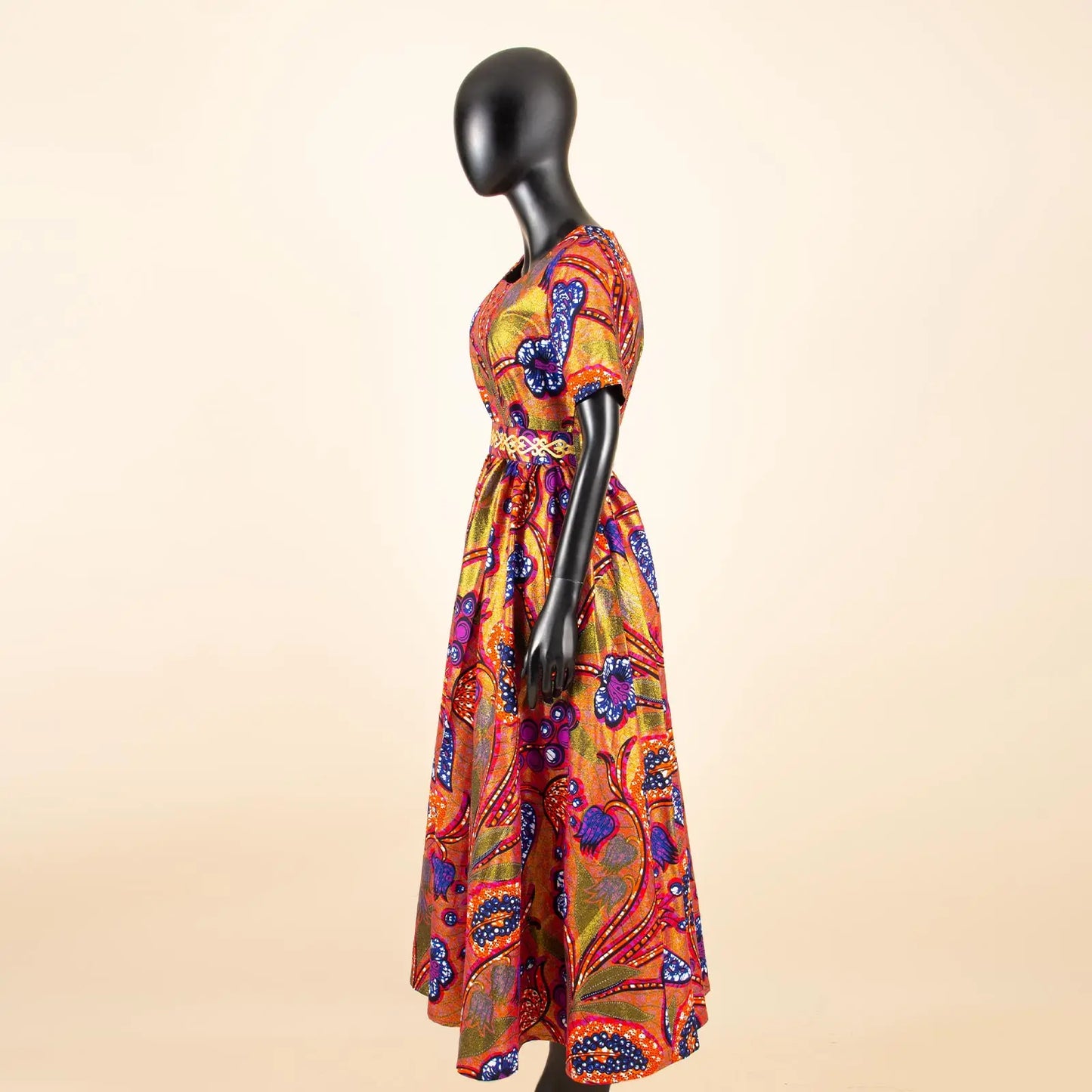 Afripride African Women's Dresses Ankara Batik Short Sleeve Gold Stamped Belt Accessory Dress 2425127