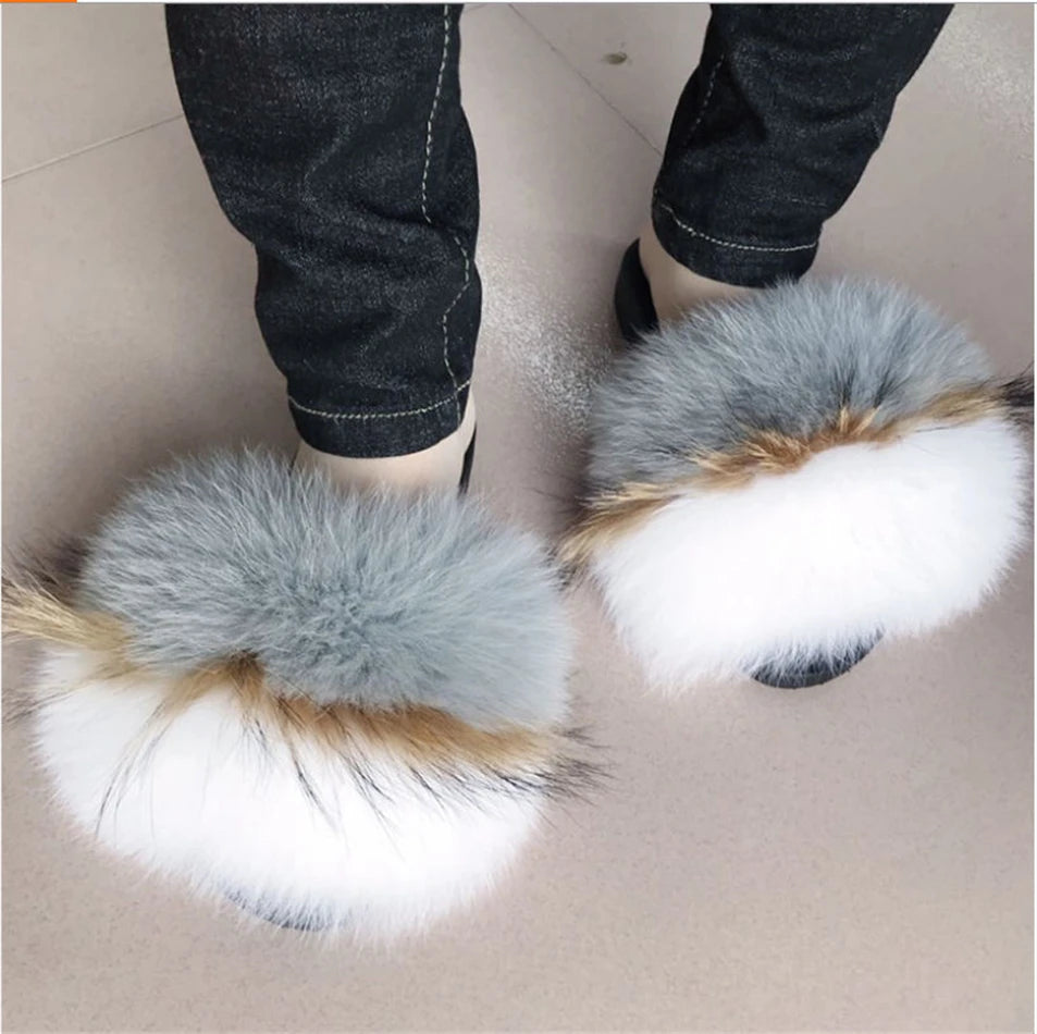 Hot Sale Summer Women Fox Fur Slippers Furry Slippers Designer Fur Slides Girls Black Fur Slides Gorgeous Big Fur Slides Sandal