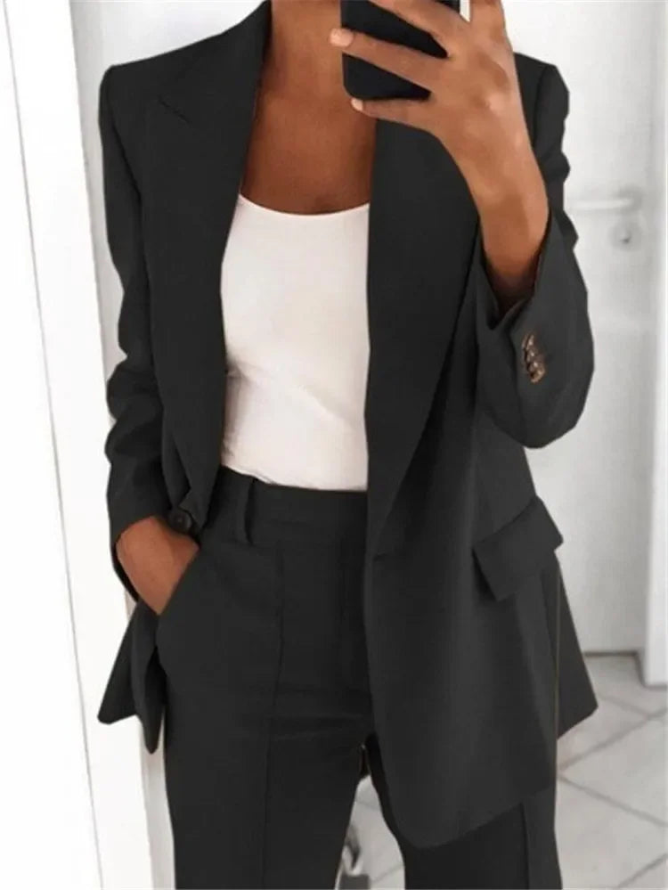 Women's Casual Long-Sleeved Blazer S-5XL Solid Color Suit Collar Button Simple Temperament Commuter plus Size Jacket