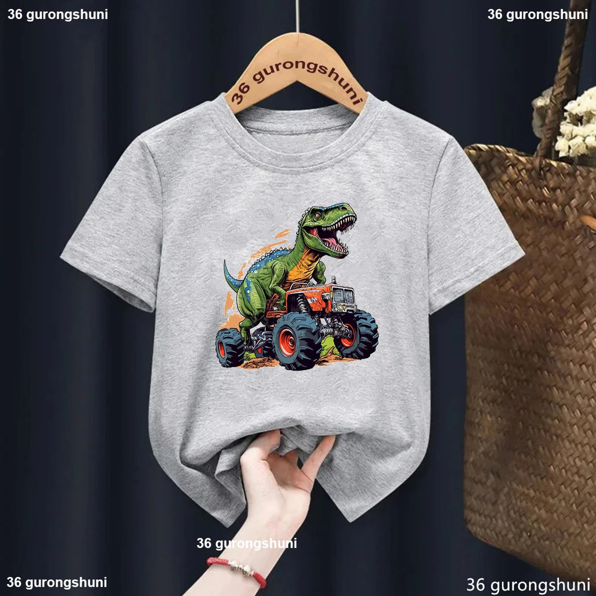 Cute Monster Truck T-Shirt for Kids Harajuku Style Dinosaur Print Suitable for Girls Boys Funny Children's Clothing