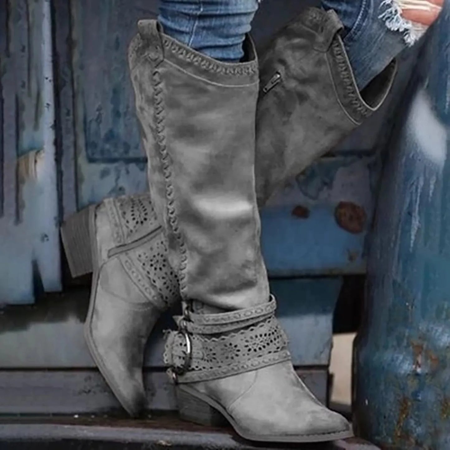 New Western Cowboy Boots Buckle Ladies Low Heel Knee High Boots Retro Hollow Out Shoes Winter Female Shoes