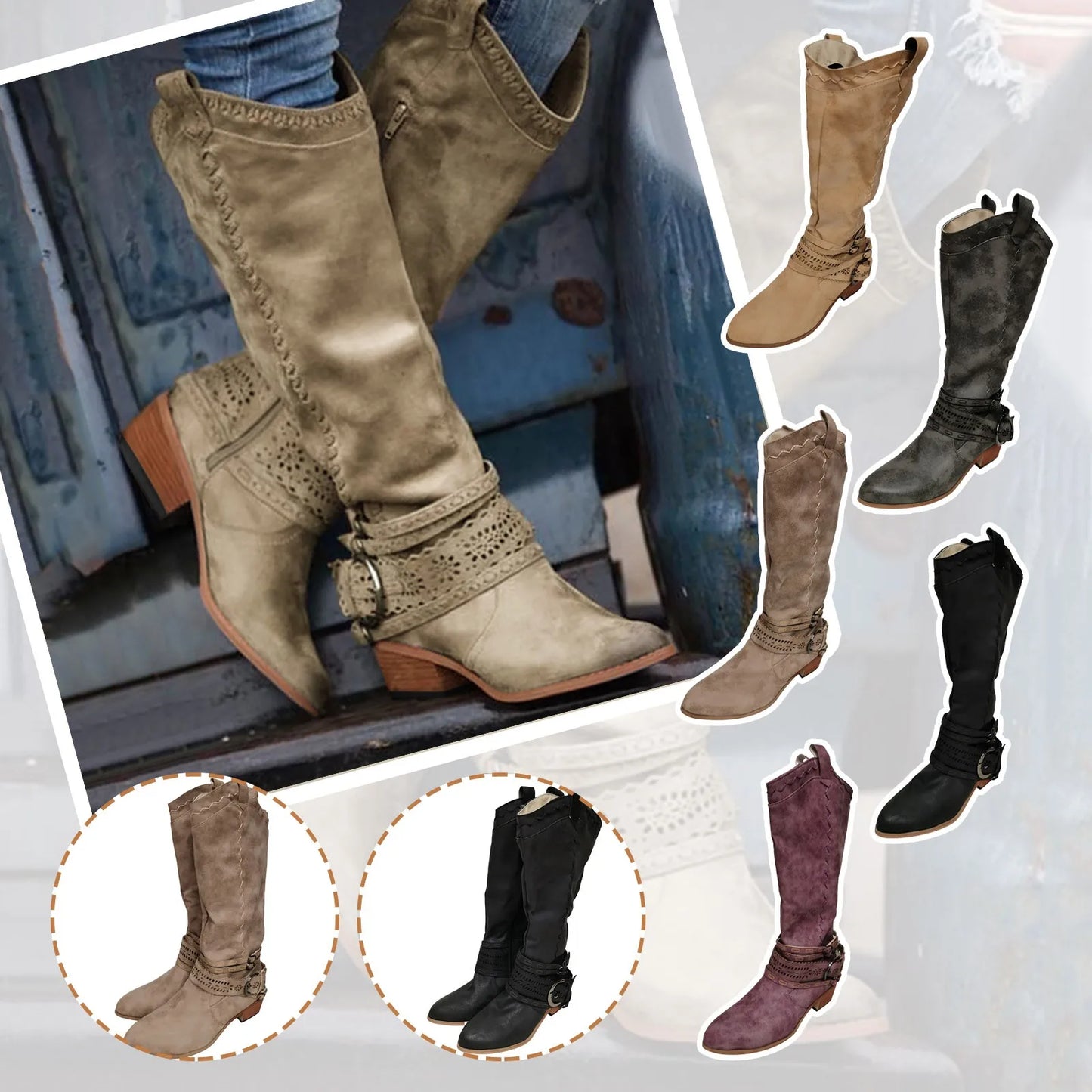 New Western Cowboy Boots Buckle Ladies Low Heel Knee High Boots Retro Hollow Out Shoes Winter Female Shoes