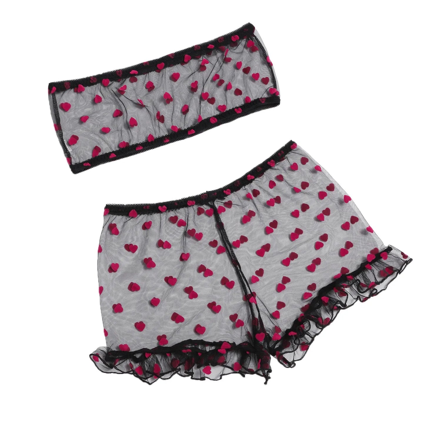 Ultra Thin Love Sheer Mesh Three Point Set: Women's Sexy Crop Tops Thong Pajama Set for Adults- Eye Catching Boudoir Outfits