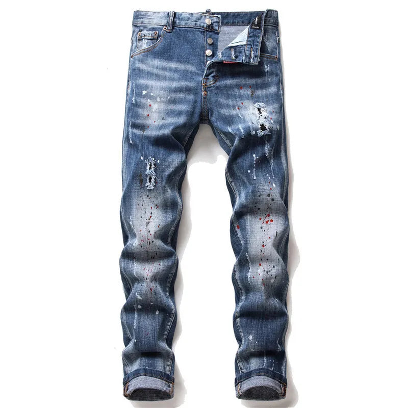 Men's Slim Fit Tattered Paint Jeans Retro Style Stretch Denim Pants with Hole Badge for High Street Fashion