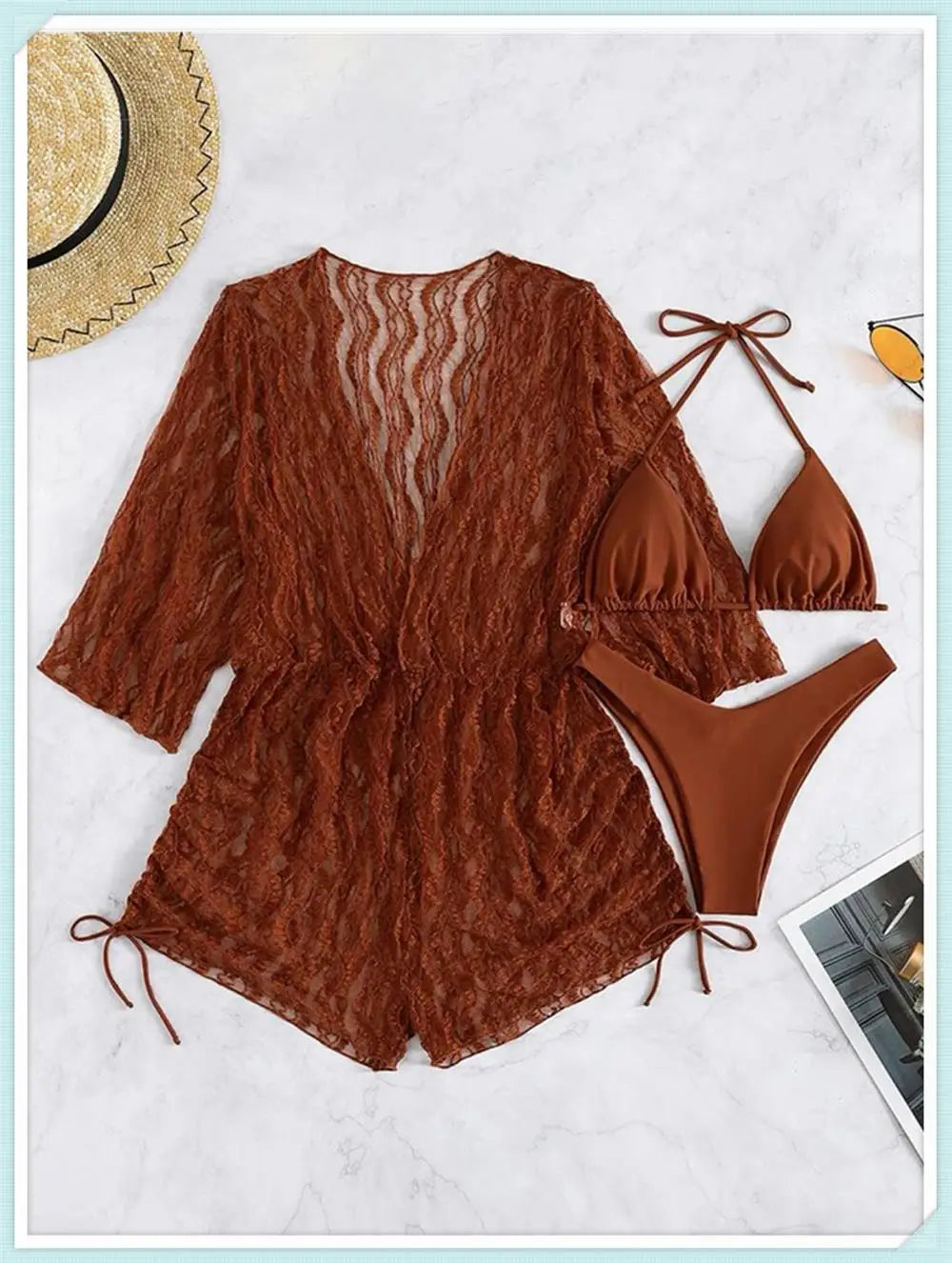 3 pieces Halter Bikini Tropical Print Swimsuit Drawstring Side Swimwear Women Long Sleeve Bathing Suit Female Swimming Beachwear