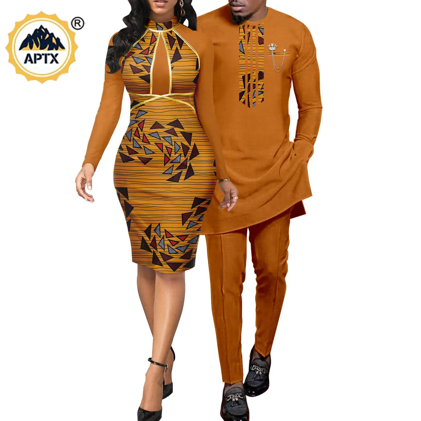African Abaya Hip Dresses for Women Matching Couple Outfits with Bazin Riche Men's Top and Pant Set Dashiki Print