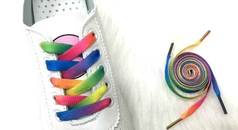 Colorful Rainbow Gradient Flat Shoelaces for Canvas Casual Shoes Chromatic Colour 80CM/100CM/120CM/150 Length Eye Catching Short Laces