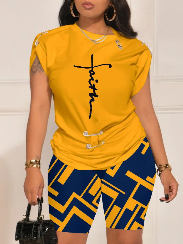 Casual Short Sleeve Tshirt Shorts Set Office Lady Spring Summer Fashion O-neck Letter Print Two Piece Set Women Outfit 2023