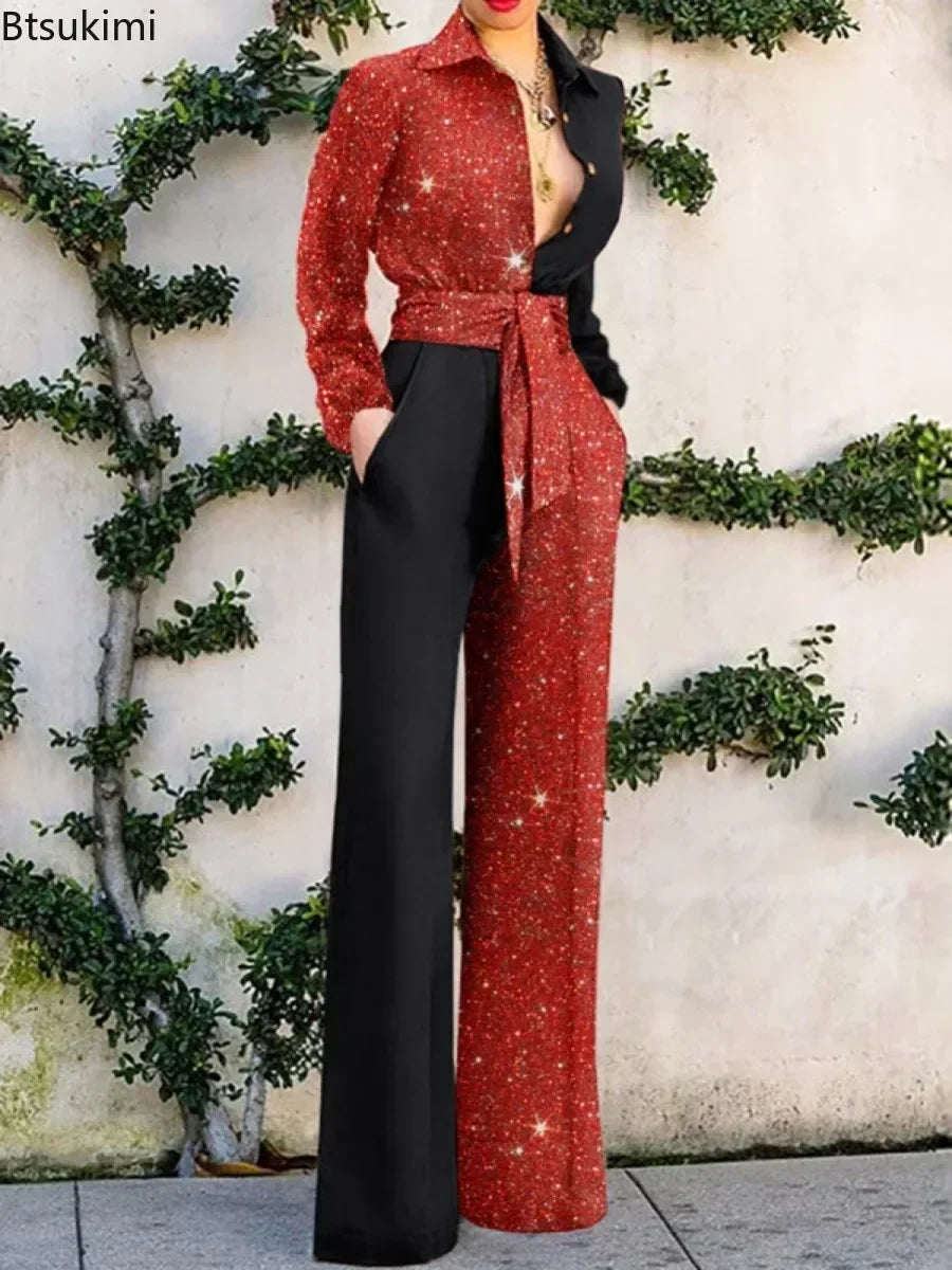 2025 New Women's Jumpsuit Fashion V-neck Sexy One-pieces Wide Leg Pants Party Shiny Elegant Rompers Ladies Chic Casual Bodysuits