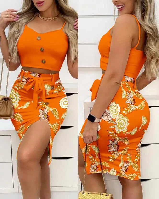 Sexy Elegant Womens Two Piece Sets Outfit Striped Zipper Design Top & High Waist Drawstring Slit Skirt Set New Fashion 2024