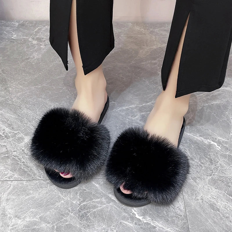 Women's Home Slippers Winter Pink Fur Kawaii Flats Furry Elegant Comfortable Soft Shoes for Woman and Low Price