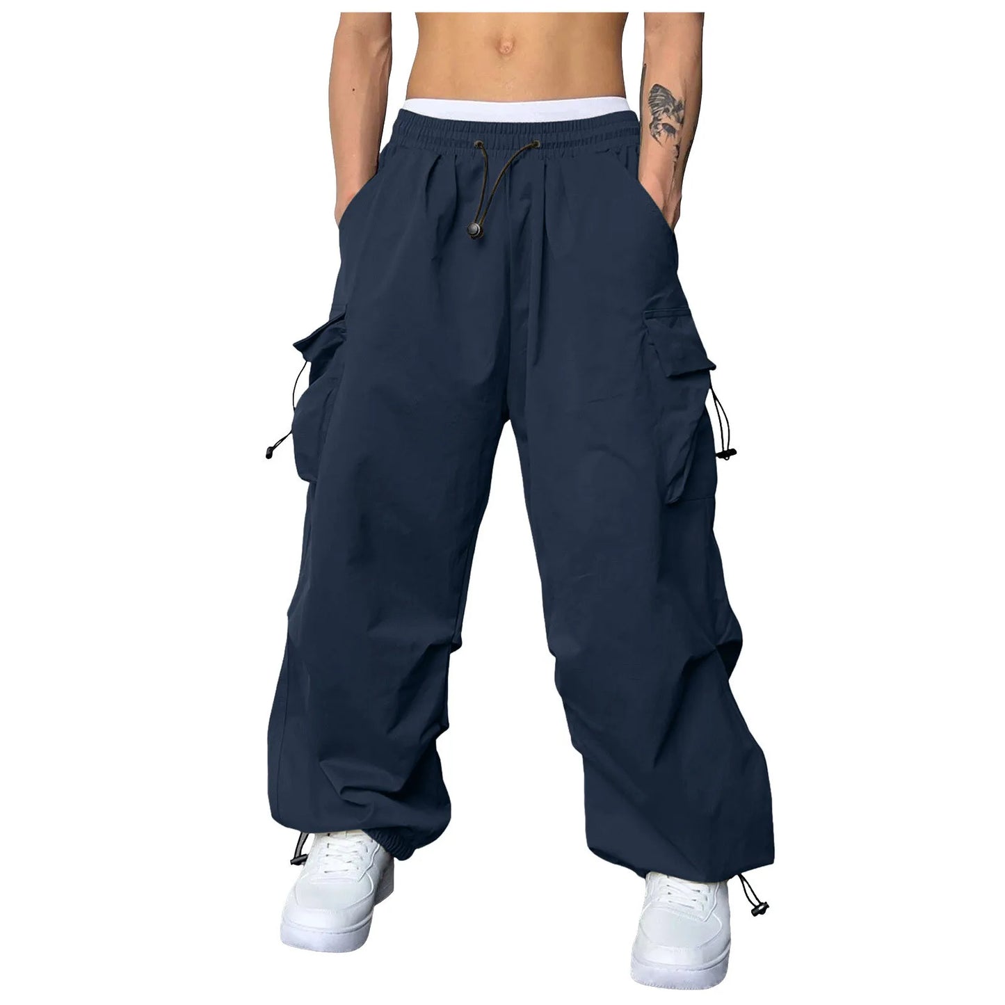 Oversized Men's Casual Pants Woven Pocket Foot Rope Solid Color Street Cargo Pants