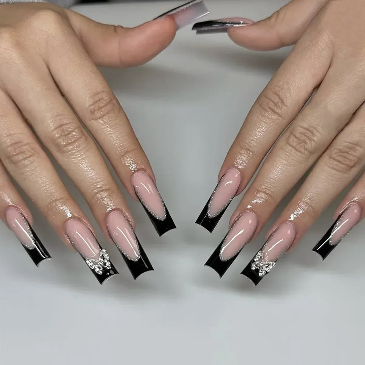24Pcs Shimmery Long Coffin False Nails with Glue Ballerina Nail Design Sweet Fashion French Press on Acrylic Nails Manicure Tips