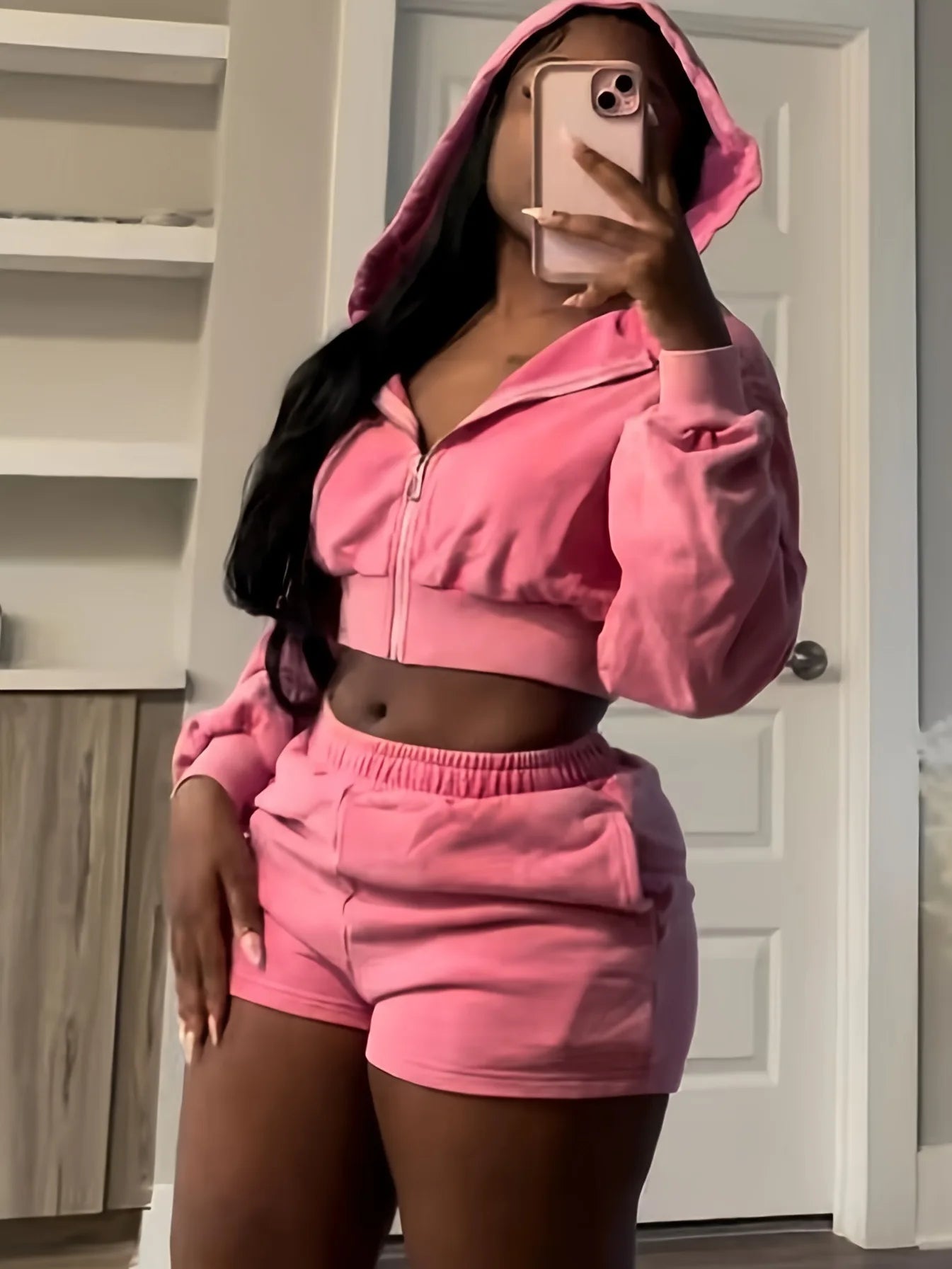 FAGADOER Autumn New Pink Two Piece Set Women Casual Outfits Long Sleeve Zip Hoodies Top and Shorts Suits Girls Sports Streetwear