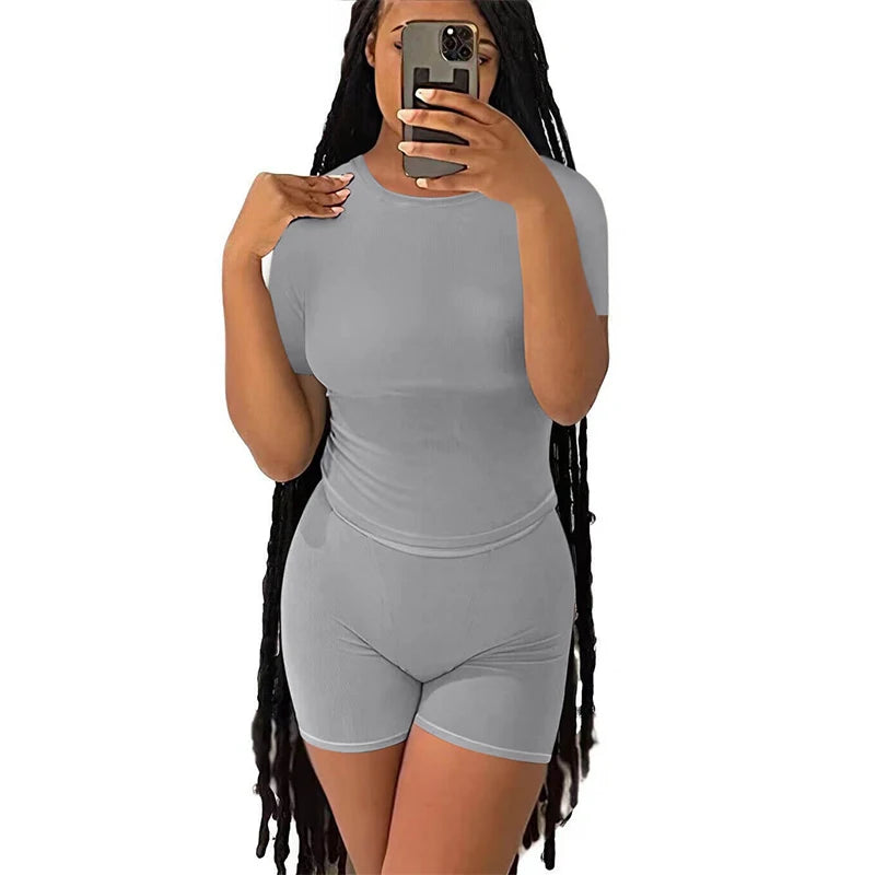 Casual Workout Two Piece Outfits for Women Fitted Crew Neck T-shirt High Waist pants Matching Sets Streetwear
