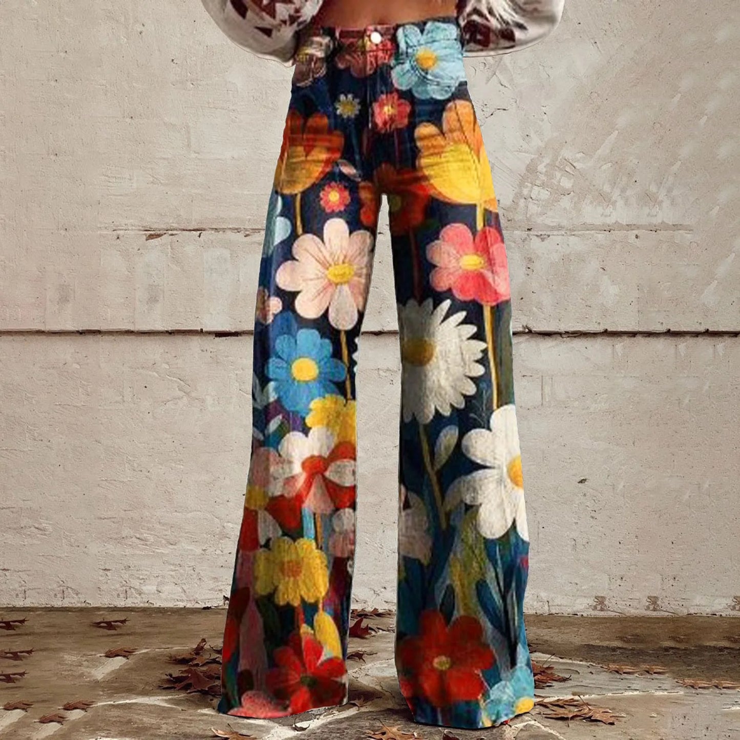 Casual Vintage Wide Leg Imitation Jeans High Waisted Women's Fashion Loose Fit Denim Pants with 90s Floral Print and Pocket Button