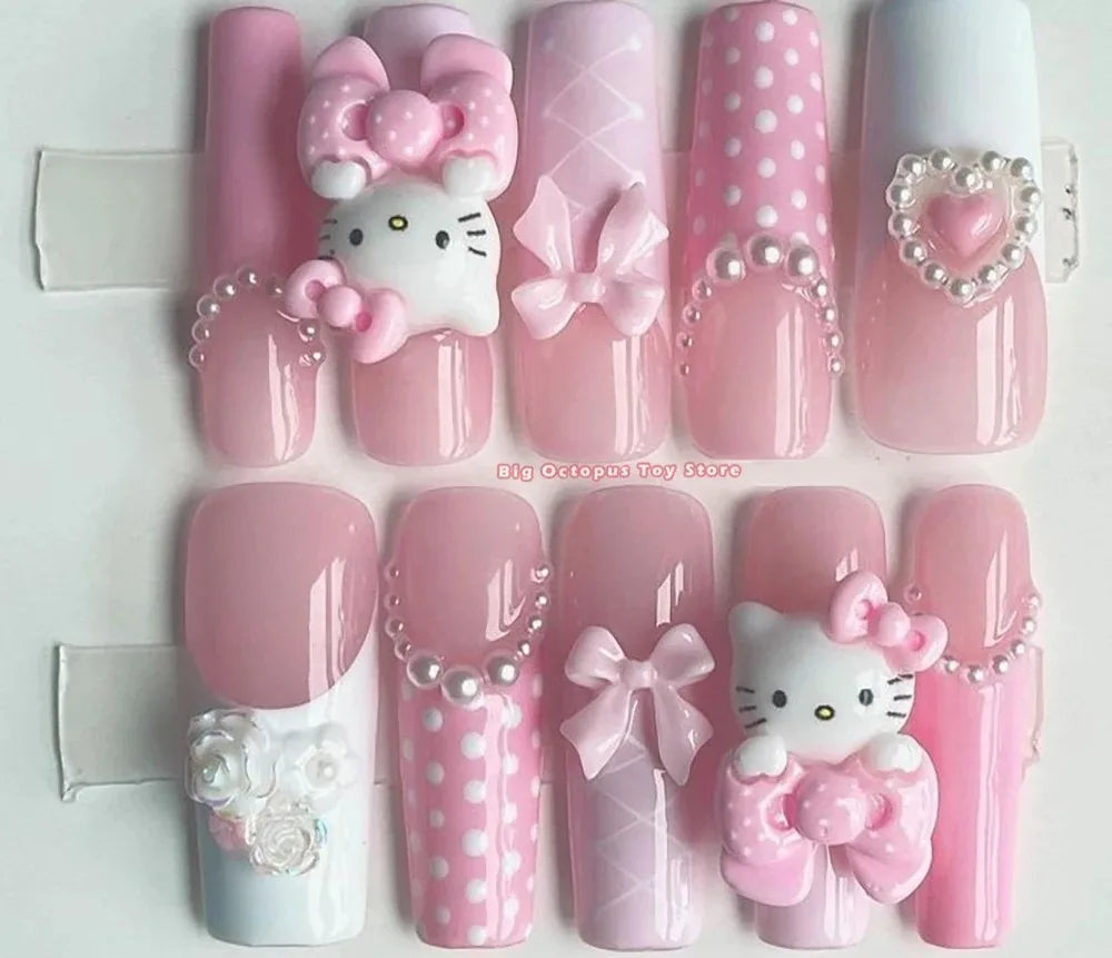 Xxl Euro-Americaen Long Square Cartoon Fake Nails Hello Kitty Mymelody Kuromi Luxury Diamond Handmade Nail Tips Party Sticker