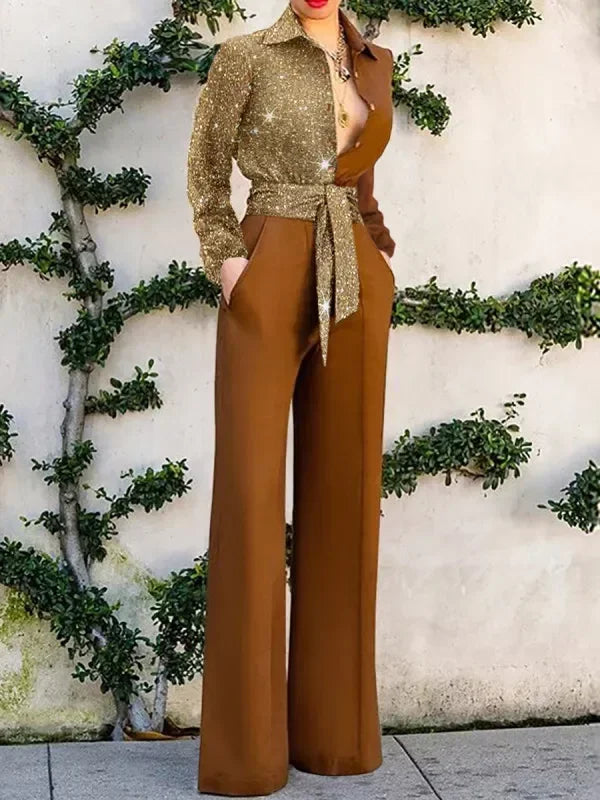 2025 New Women's Jumpsuit Fashion V-neck Sexy One-pieces Wide Leg Pants Party Shiny Elegant Rompers Ladies Chic Casual Bodysuits