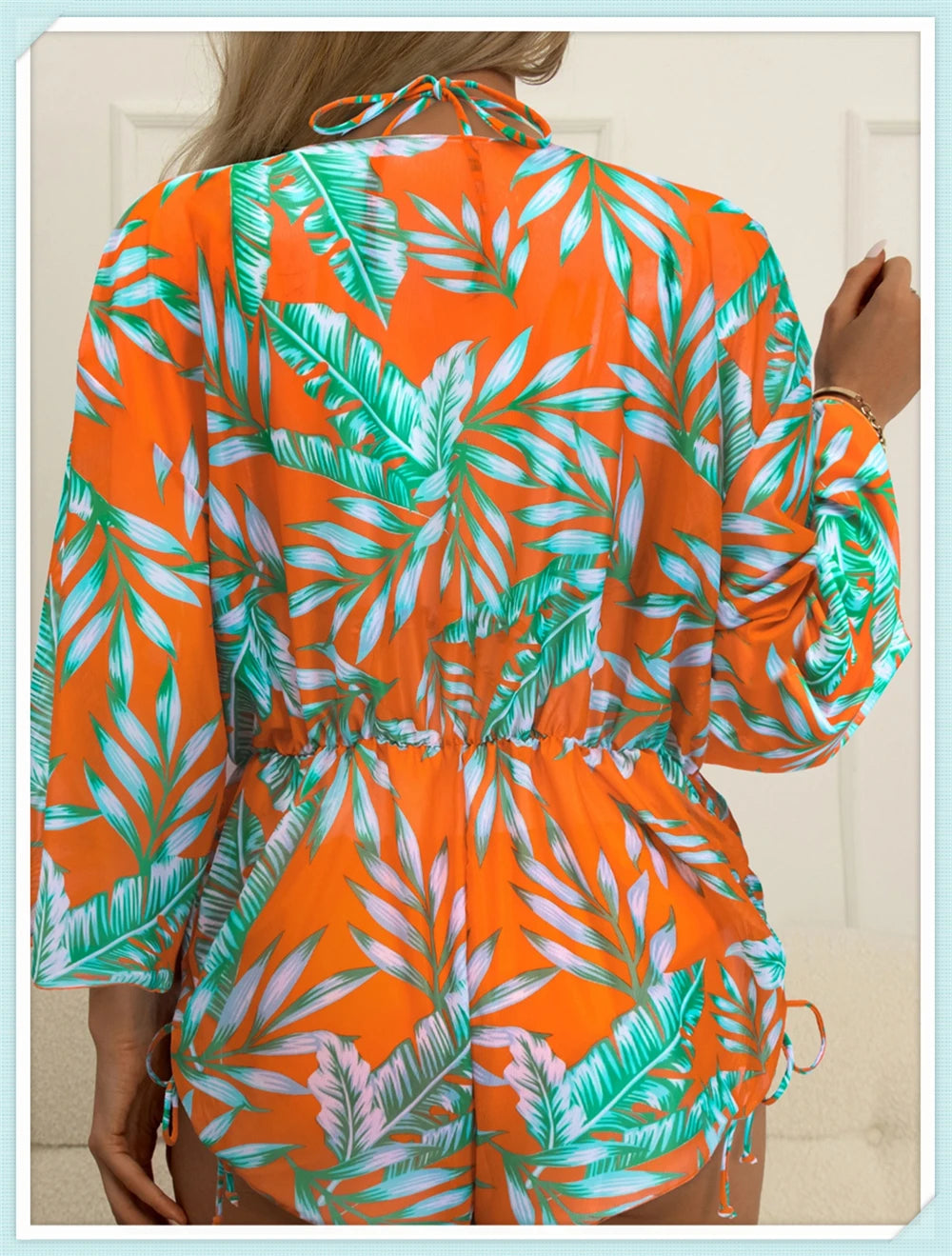 3 pieces Halter Bikini Tropical Print Swimsuit Drawstring Side Swimwear Women Long Sleeve Bathing Suit Female Swimming Beachwear