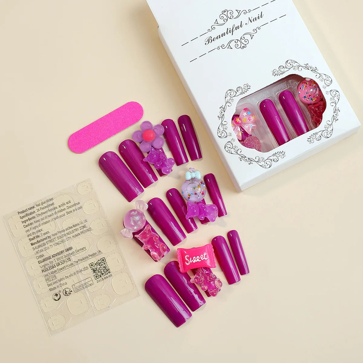 Lovely Lollipop Bear DIY False Nail Tips y2k Style Fake Nail Long Coffin Ballet Purple Artificial Nails for Girls Women 24pcs