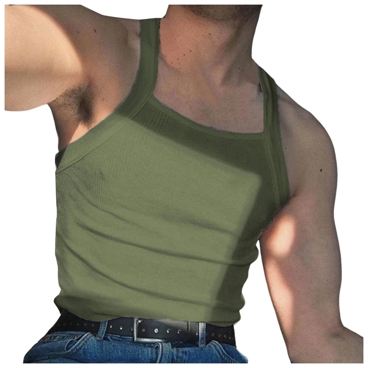 Casual Slim Fit Tank Crop Top For Men Summer Square Collar Sleeveless Blouse Top Men’s Fashion Solid Color Vest Men Clothing