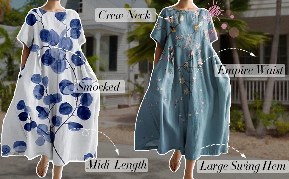 New Summer Womens Dresses Exquisite Elegant Round Neck Short Sleeve Long Pink Spotted Irregular Printed Comfortable Midi Dresses