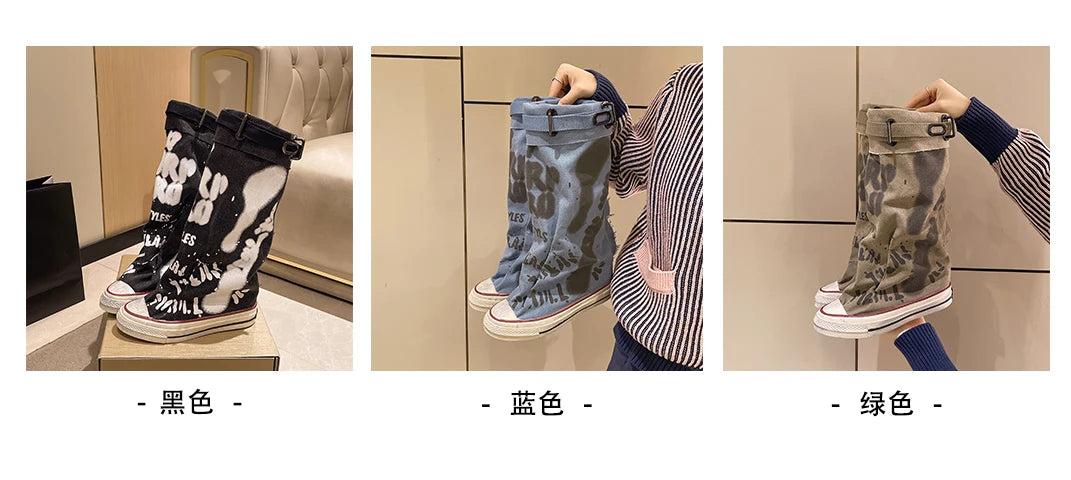 Women's Spring Graffiti High Canvas Boots Round Head Middle Follow Anti-slip Boots Women Leisure Fashion Rubber Sole Botas Mujer