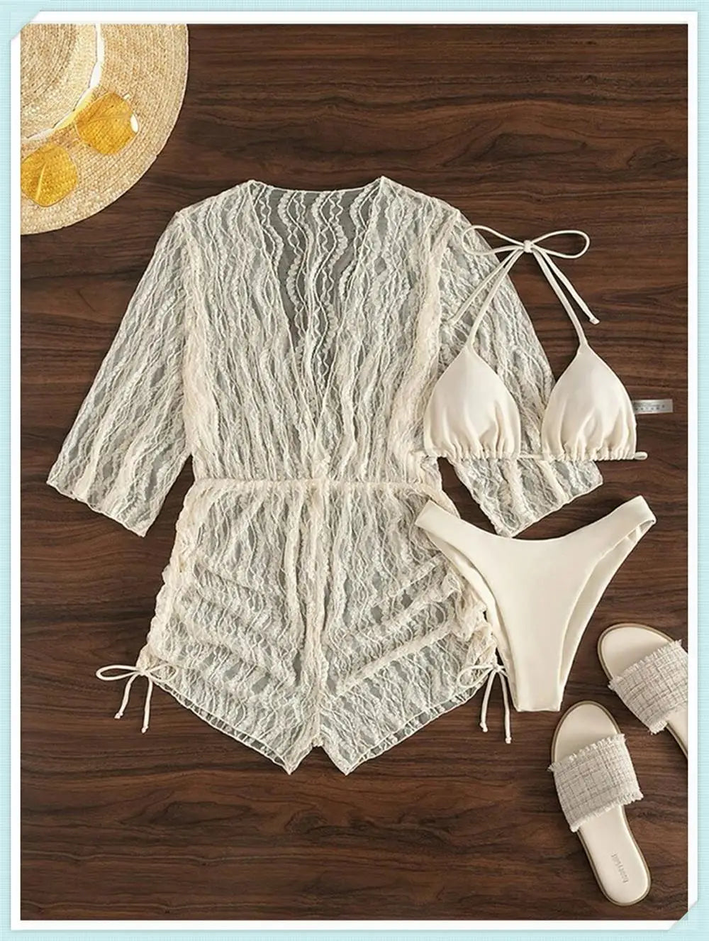 3 pieces Halter Bikini Tropical Print Swimsuit Drawstring Side Swimwear Women Long Sleeve Bathing Suit Female Swimming Beachwear