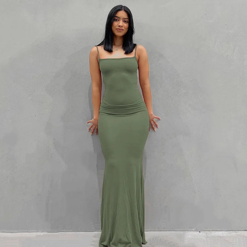 Summer Dresses For Women Sexy Spaghetti Strap Black Long Dress Y2k Sleeveless Solid Skinny Bodycon Trumpet Maxi