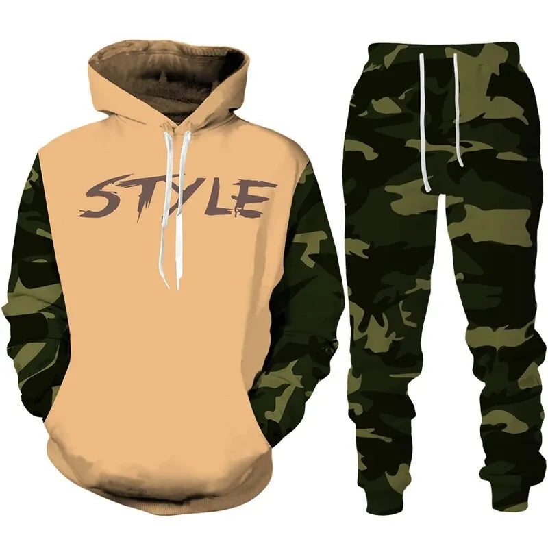 Camouflage Hoodie 3D Print Tracksuit Set Man Hoodie + Pants 2pcs Set Outdoor Fitness Sportswear Casual Unisex clothing