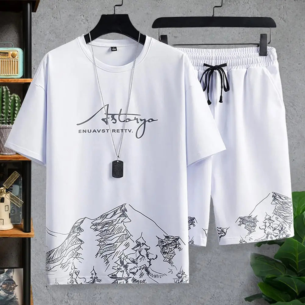2 Piece Set For Men Shorts Set Drawstring Pockets Casual Outfit Mountain Print Loose T-shirt Loose Shorts Sport Suit Streetwear