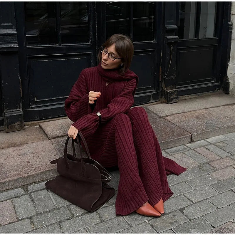 Oversize Knitted Women's Set V-Neck Full Sleeve Scarf Pullover Long Trousers Casual Loose Lady Suit for Autumn