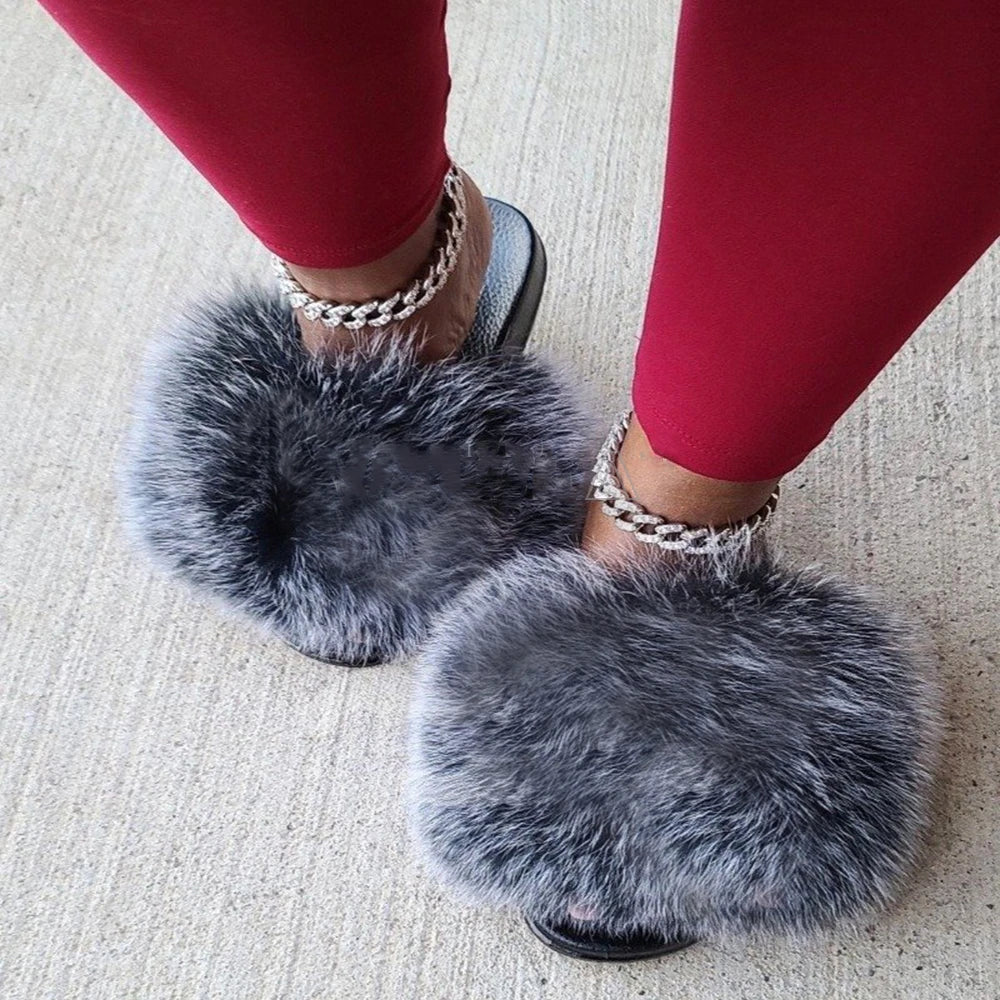 Hot Sale Summer Women Fox Fur Slippers Furry Slippers Designer Fur Slides Girls Black Fur Slides Gorgeous Big Fur Slides Sandal
