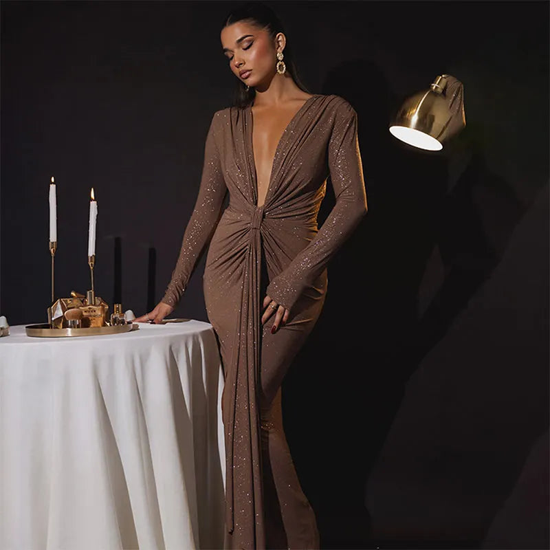 Sexy Glitter Slim Maxi Party Dress Women Deep V-neck Pleated Hip Package Bodycon Female Evening Dresses 2024 Club Lady Robes