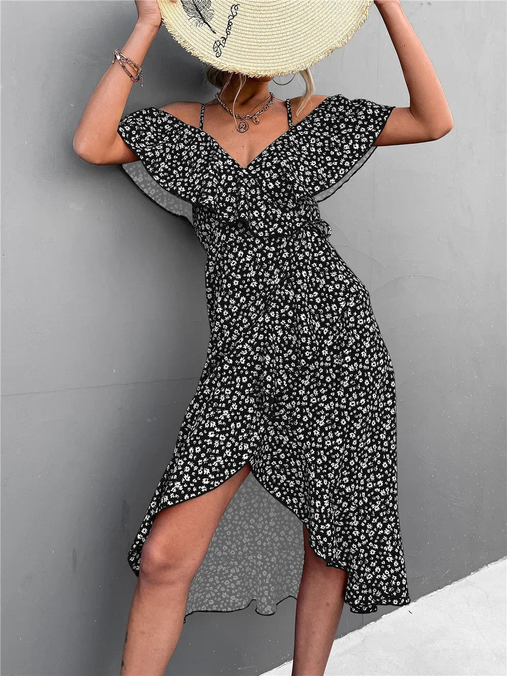 Chic Floral Print Sling Dress Women Summer Dresses NEW Elegant Sexy Strapless Spaghetti Irregular Ruffle Hem Slit Dress