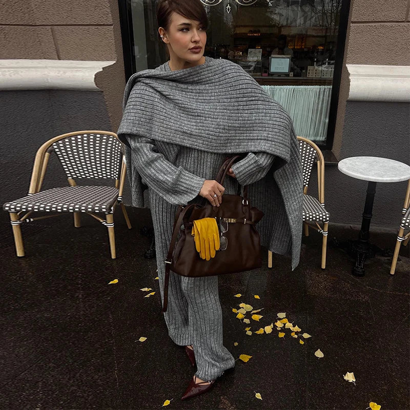 Oversize Knitted Women's Set V-Neck Full Sleeve Scarf Pullover Long Trousers Casual Loose Lady Suit for Autumn