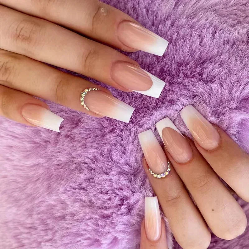 24Pcs Shimmery Long Coffin False Nails with Glue Ballerina Nail Design Sweet Fashion French Press on Acrylic Nails Manicure Tips