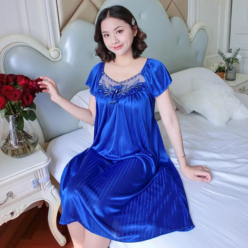 Oversize Female Satin Nightgown Ladies Nightdress Short Sleeve Night Dress Women Nighties Sleepwear Nightwear Loungewear Pajama