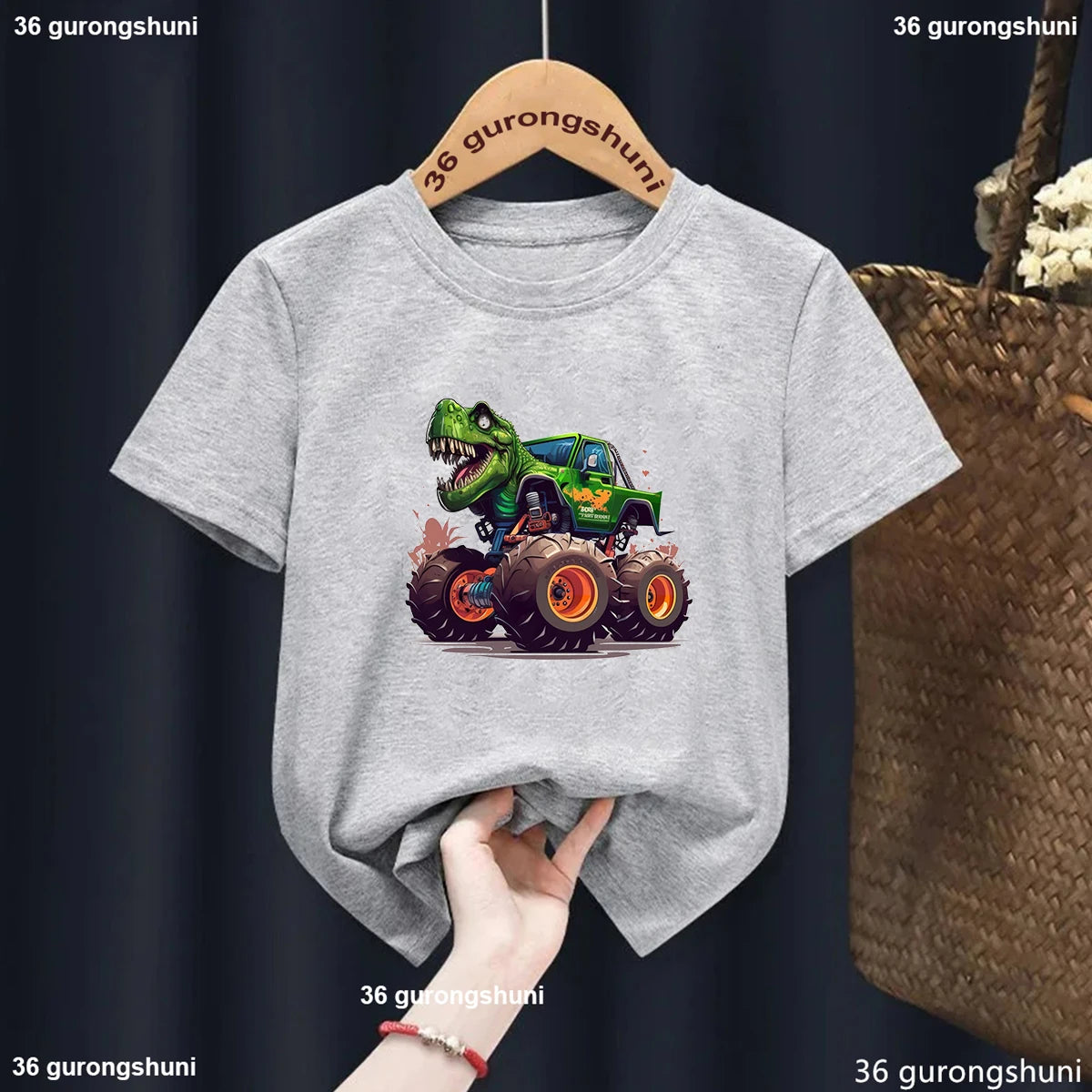 Cute Monster Truck T-Shirt for Kids Harajuku Style Dinosaur Print Suitable for Girls Boys Funny Children's Clothing
