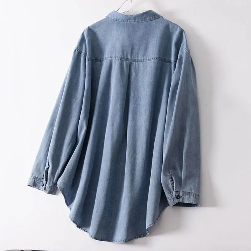 Oversize 85kg Loose Basic Jean Shirts Women Polo Collar Classical Denim Blouses 2024 Spring Fall Pocket Wash Blue Casual Blusas