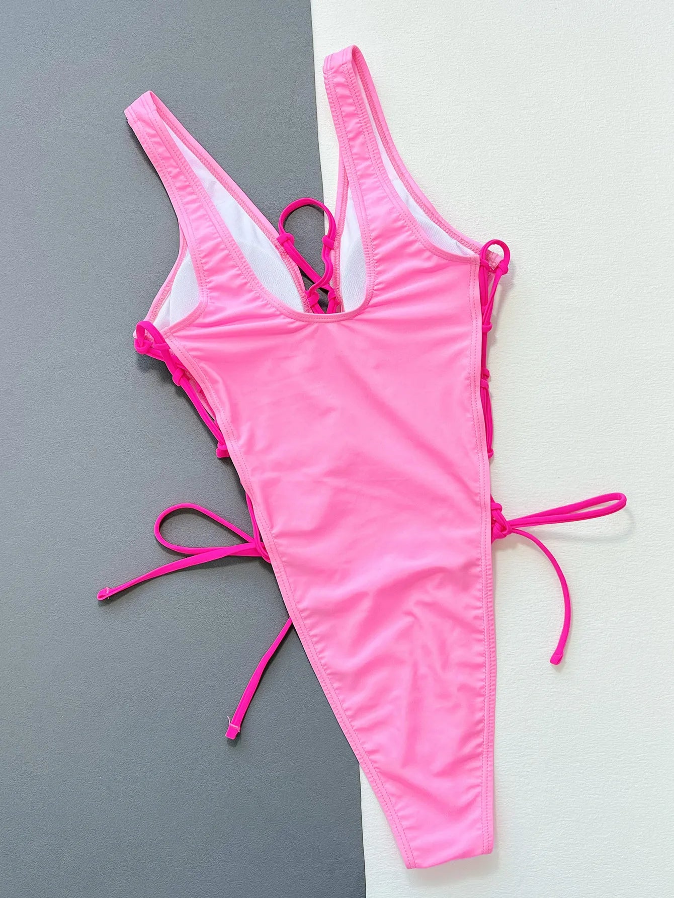 VigoBeviya 2024 Pink Lace Up Strapped Swimwear Women Sexy Hollow Push UP One Piece Swimsuit Blackless Beach Bathing Suit