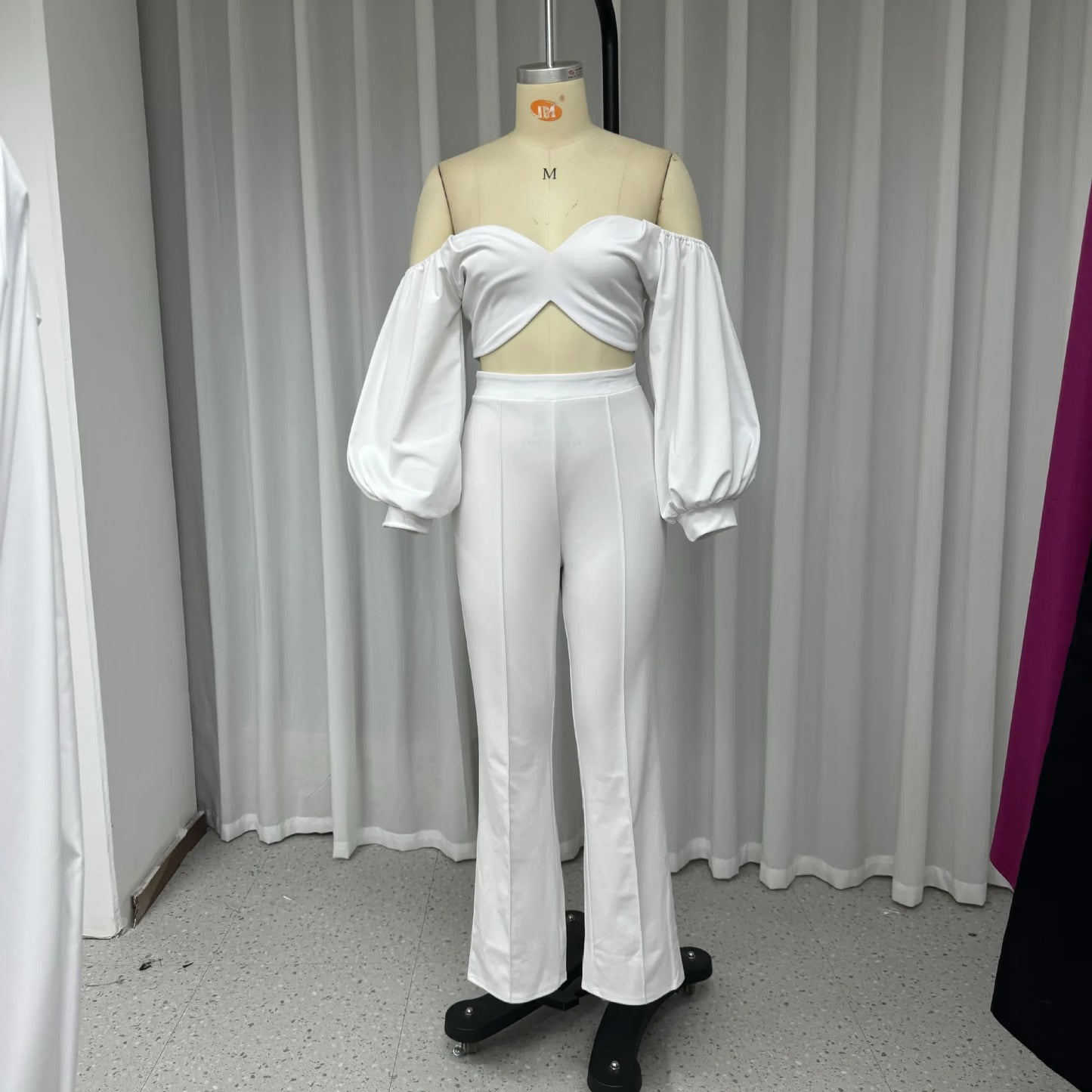 Pant Set Women Two Piece Sets Slim Fit Off Shoulder Sexy Puff Sleeve V Neck Tops High Waist Elegant Splice Straight Long Pants